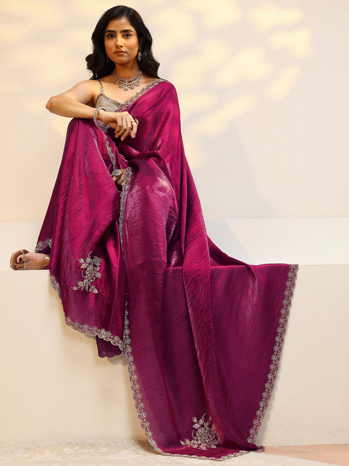 Burgundy Floral Embellished Tissue Saree
