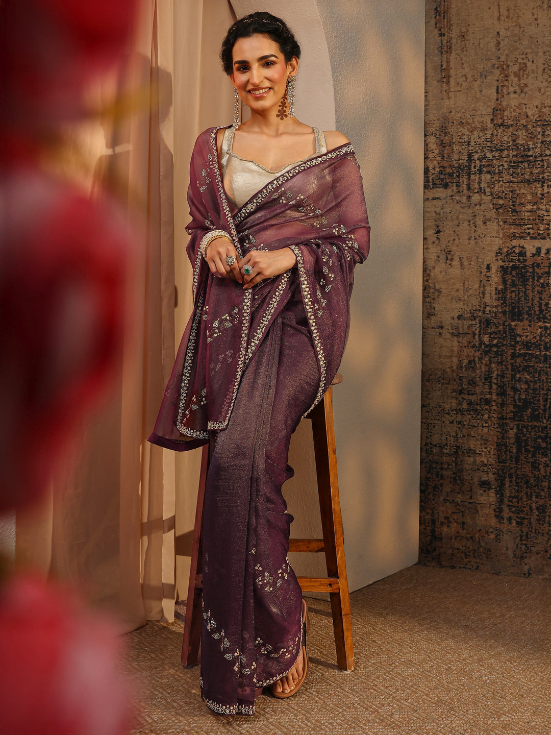 Burgundy Floral Embellished Tissue Saree With Unstitched Blouse Piece