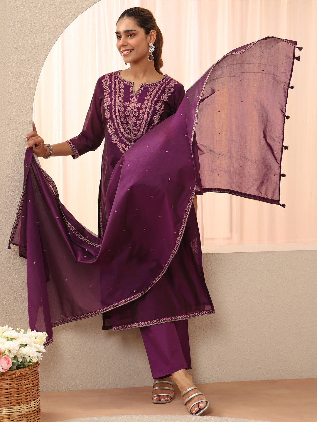 Burgundy Floral Embroidered Chanderi Silk Straight Suit Set