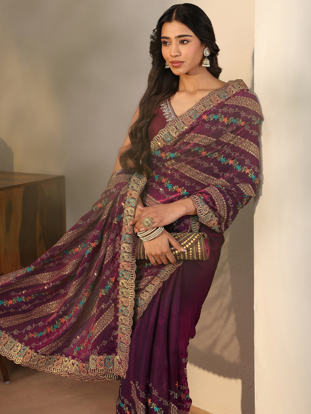 Burgundy Floral Embroidered Tissue Saree