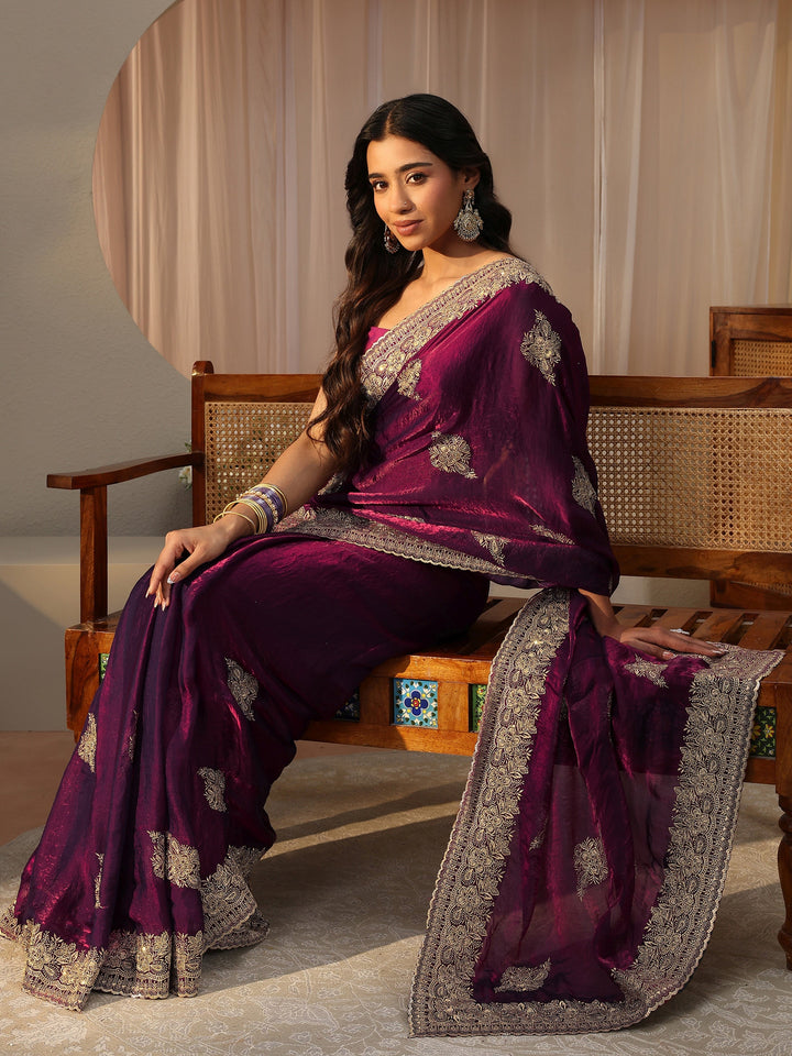 Burgundy Floral Embroidered Tissue Saree