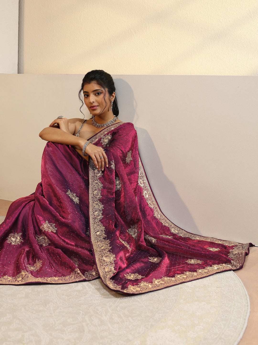 Burgundy Floral Embroidered Tissue Saree