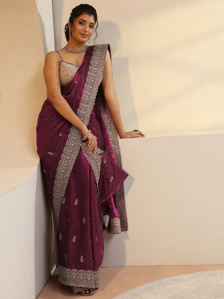 Burgundy Floral Embroidered Tissue Saree