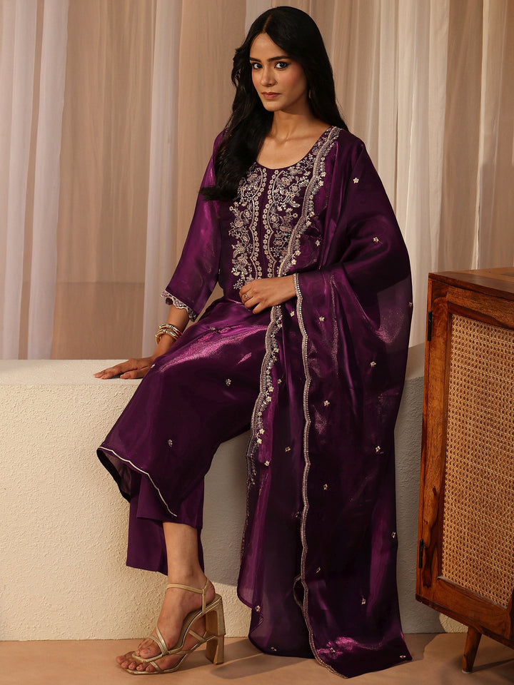 Burgundy Floral Embroidered Tissue Straight Suit Set