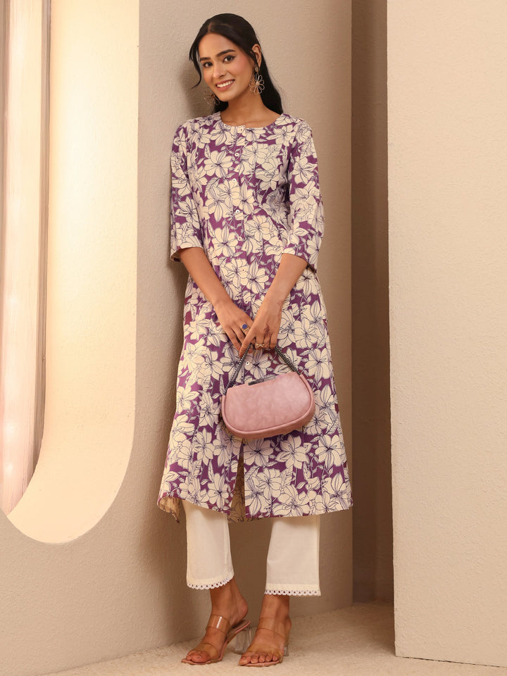 Burgundy Floral Printed Cotton Blend A-Line Kurta