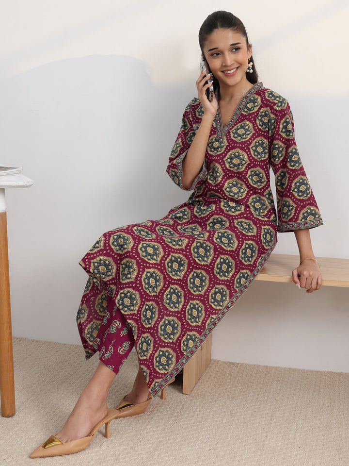 Burgundy Floral Printed Cotton Blend A-Line Kurta Set