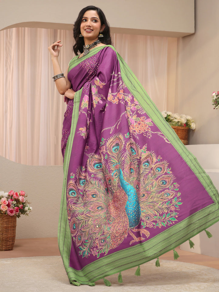 Burgundy Floral Printed Cotton Blend Saree