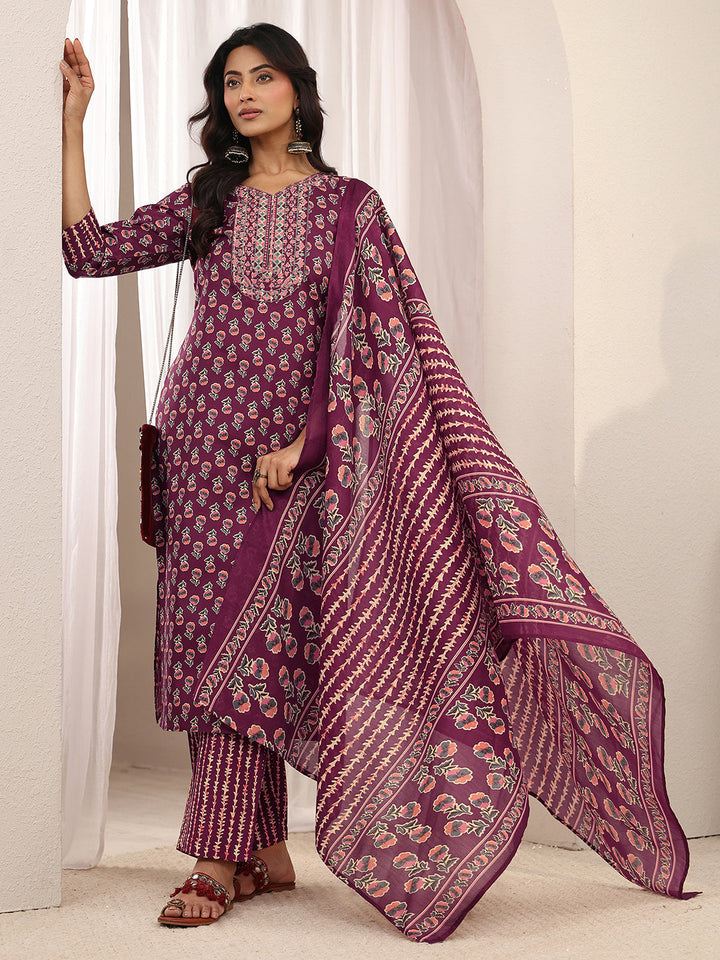 Burgundy Floral Printed Cotton Blend Straight Suit Set With Dupatta