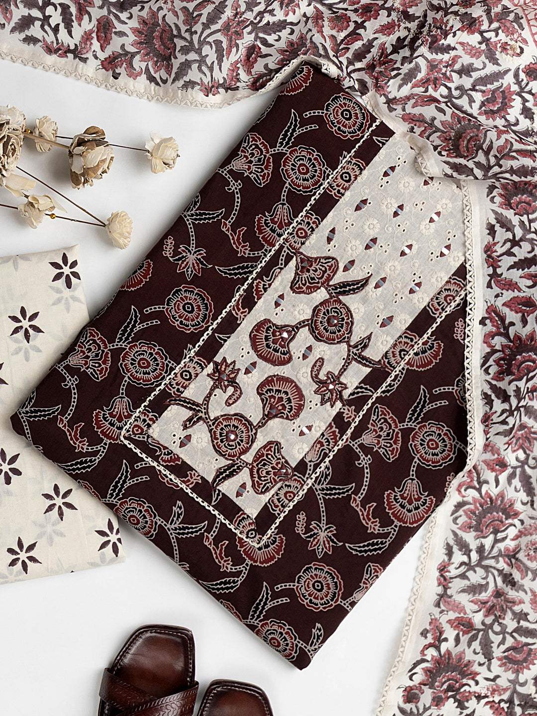 Burgundy Floral Printed Cotton Dress Material With Dupatta