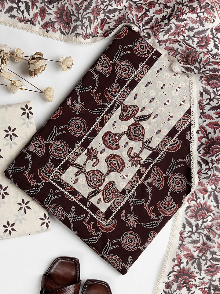 Burgundy Floral Printed Cotton Dress Material With Dupatta