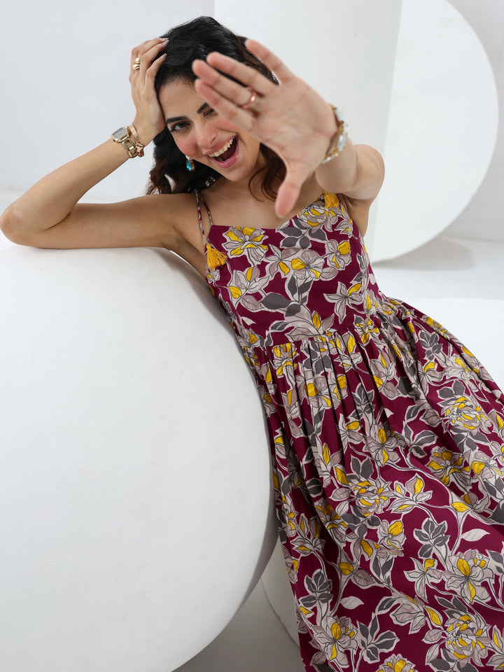 Burgundy Floral Printed Cotton Fit-And-Flare One-Piece Dress