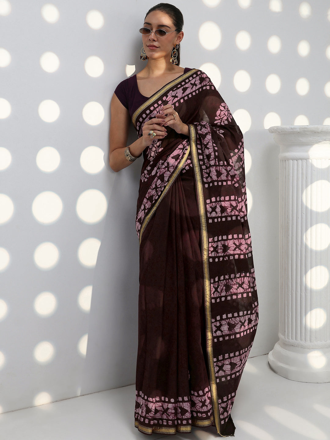 Burgundy Floral Printed Cotton Saree