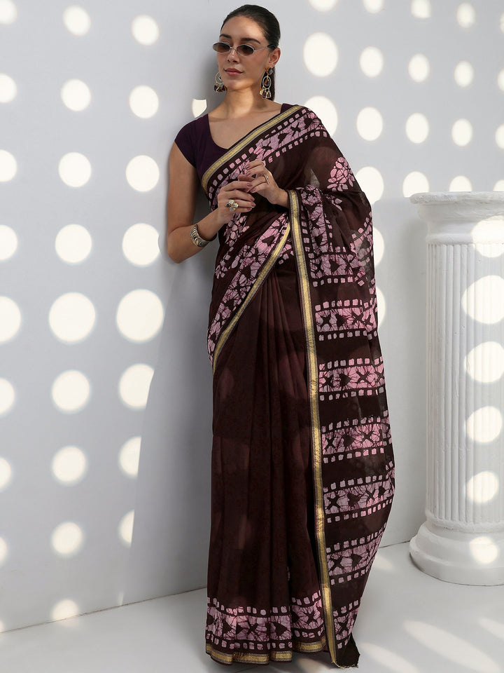 Burgundy Floral Printed Cotton Saree