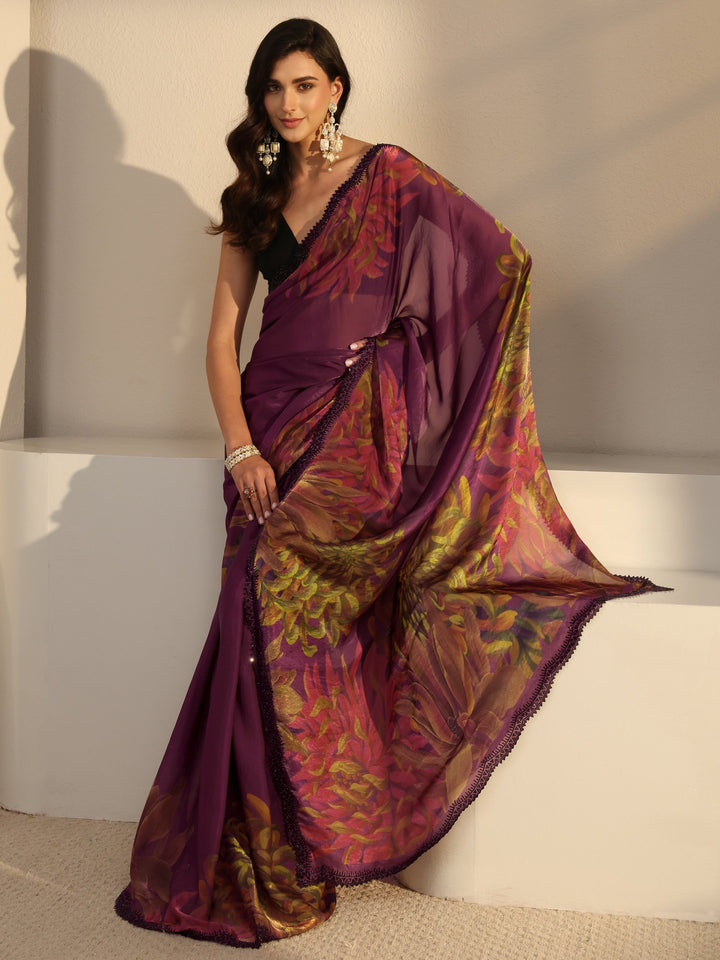 Libas Burgundy Floral Printed Satin Saree With Unstitched Blouse Piece