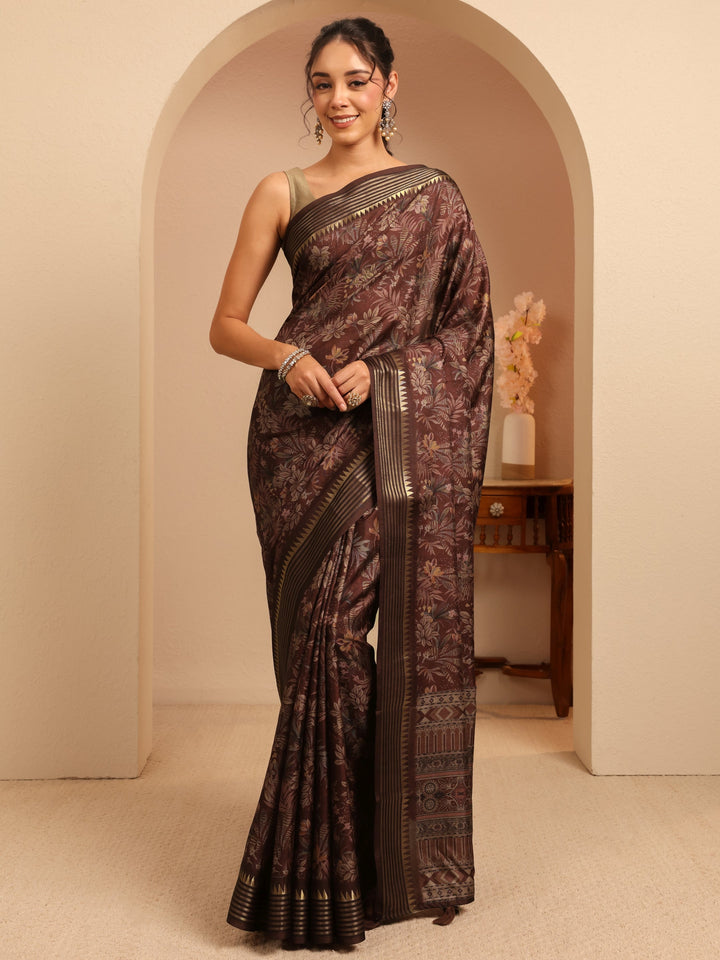 Libas Burgundy Floral Printed Silk Blend Saree