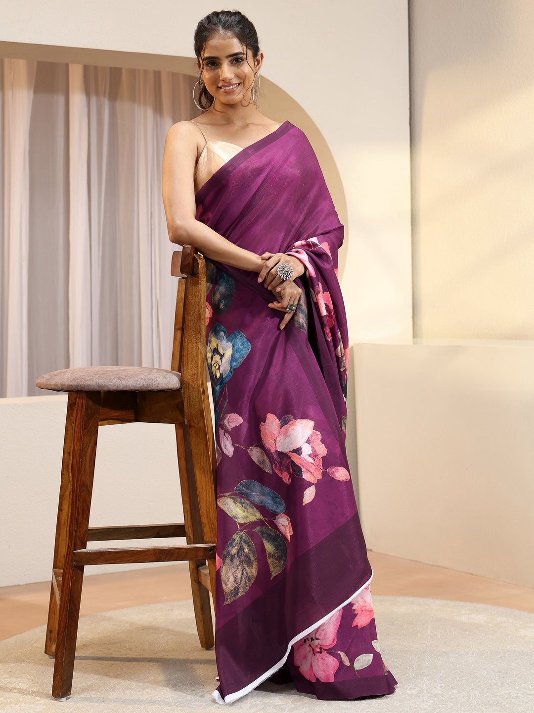 Burgundy Floral Printed Silk Blend Saree