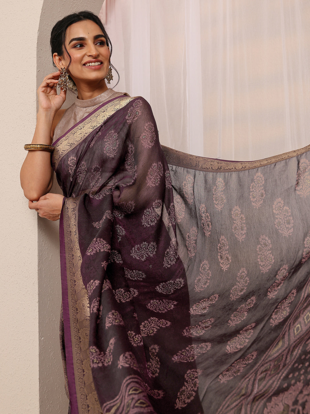 Burgundy Floral Printed Silk Blend Saree With Unstitched Blouse Piece