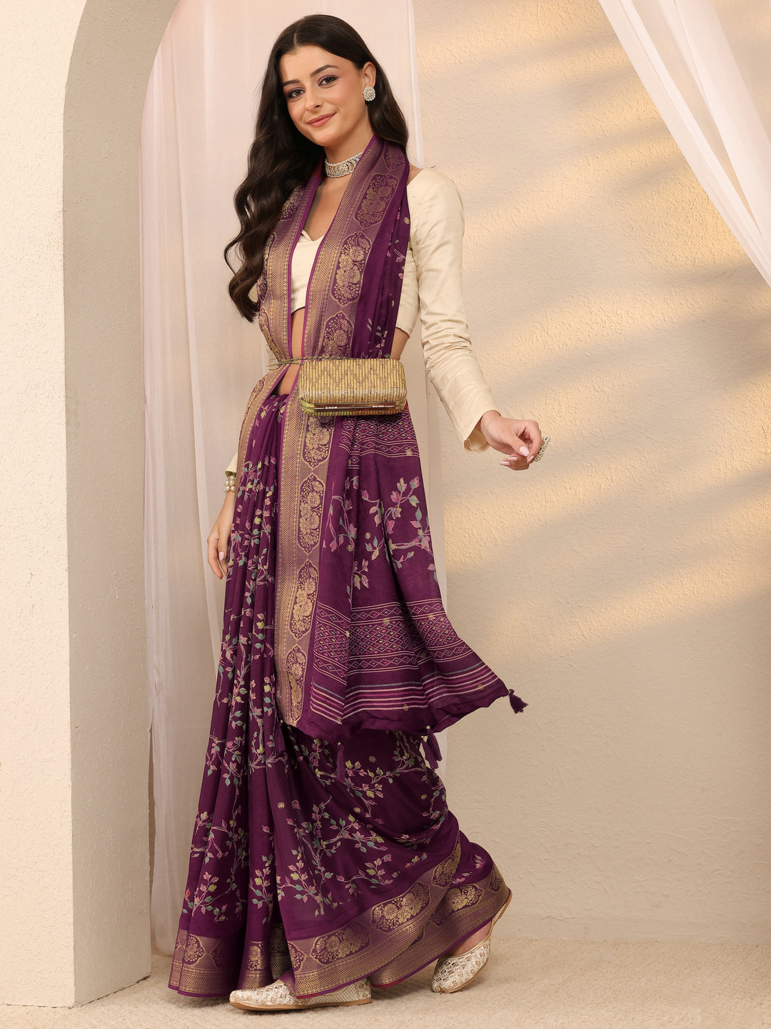 Burgundy Floral Printed Silk Blend Saree 
With Unstitched Blouse Piece