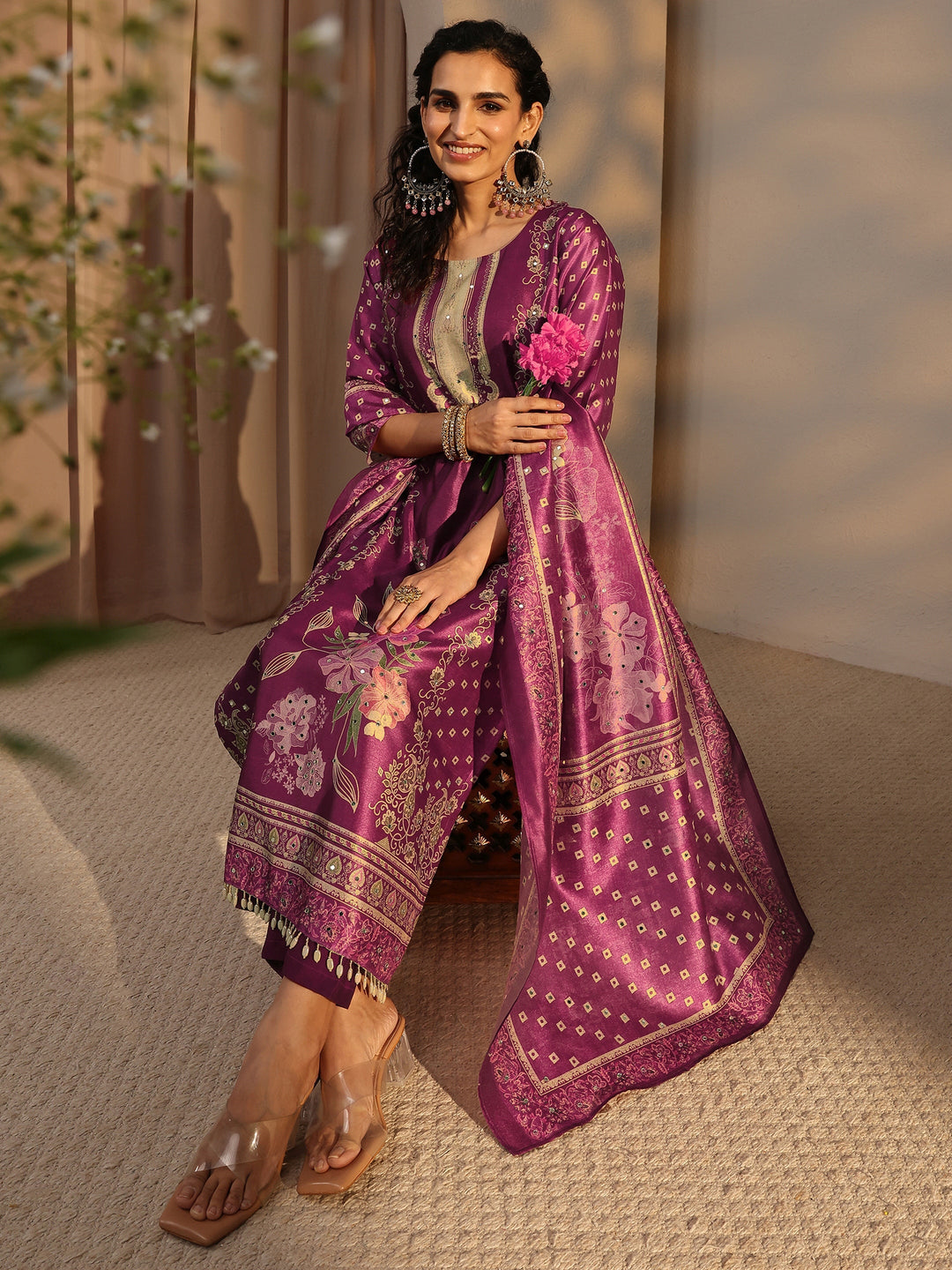 Burgundy Floral Printed Silk Blend Straight Suit Set With Dupatta