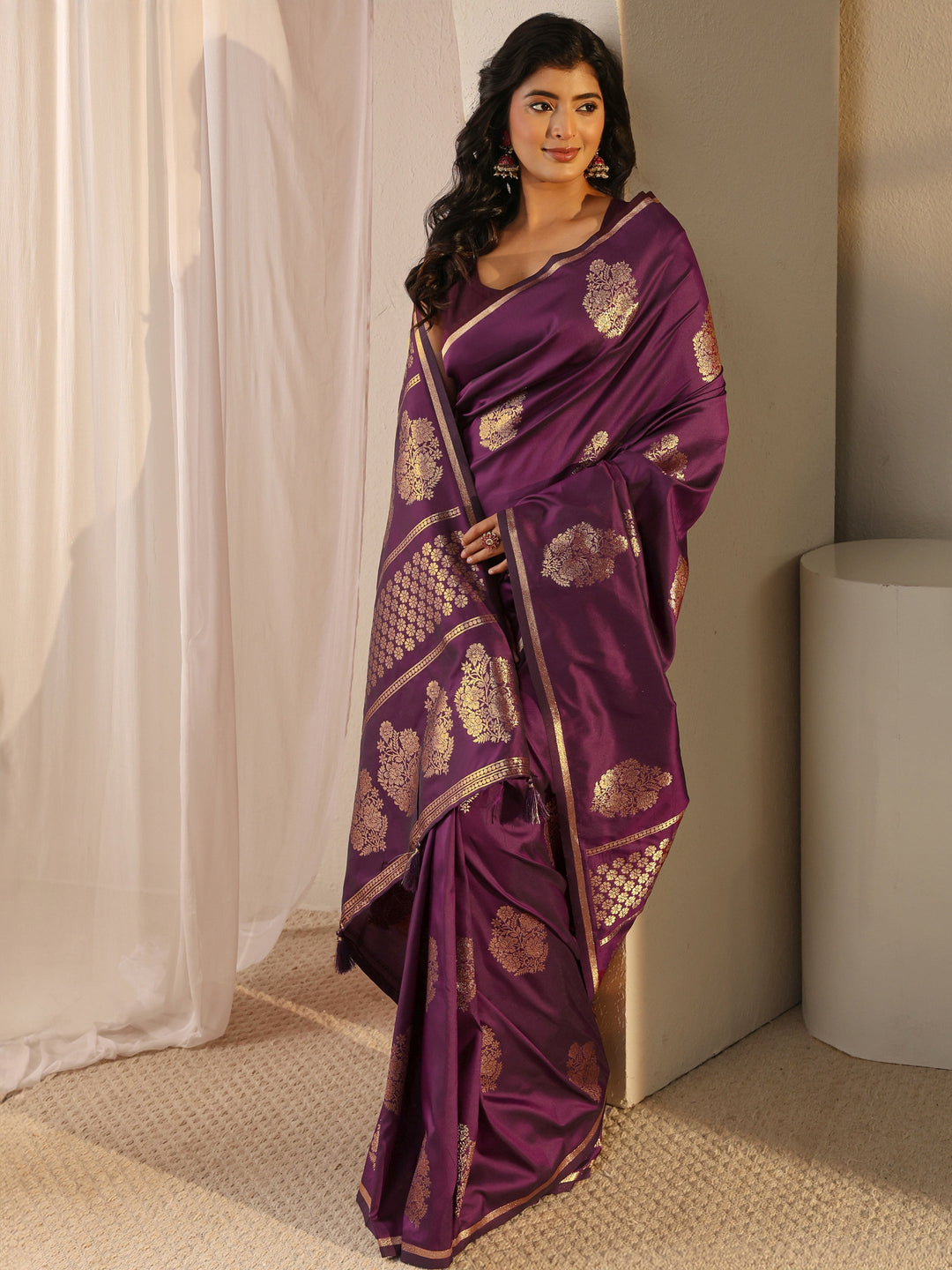 Burgundy Floral Woven Design Silk Blend Tassel Saree With Unstitched Blouse Piece