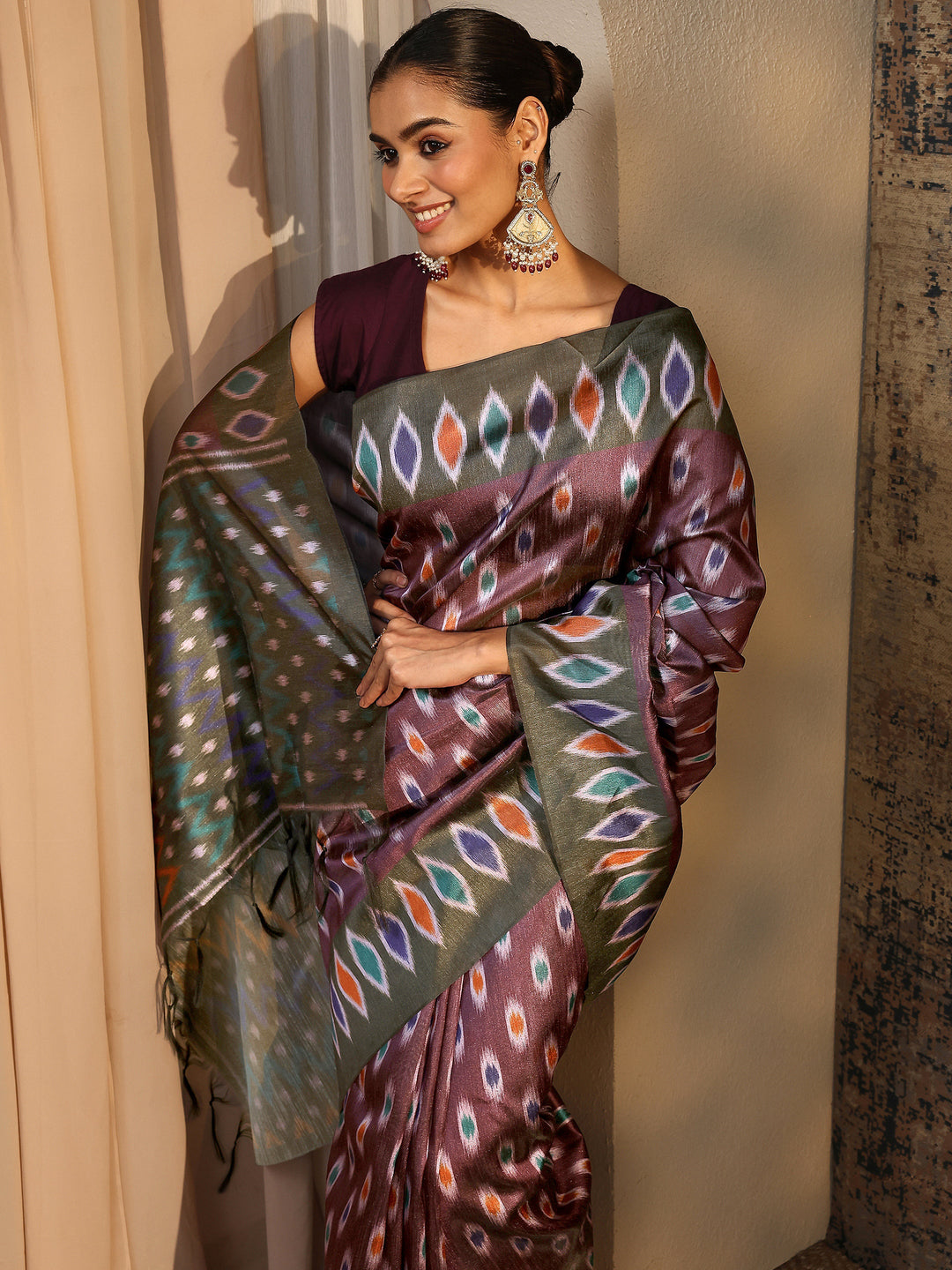 Burgundy Ikat Printed Silk Saree With Unstitched Blouse Piece