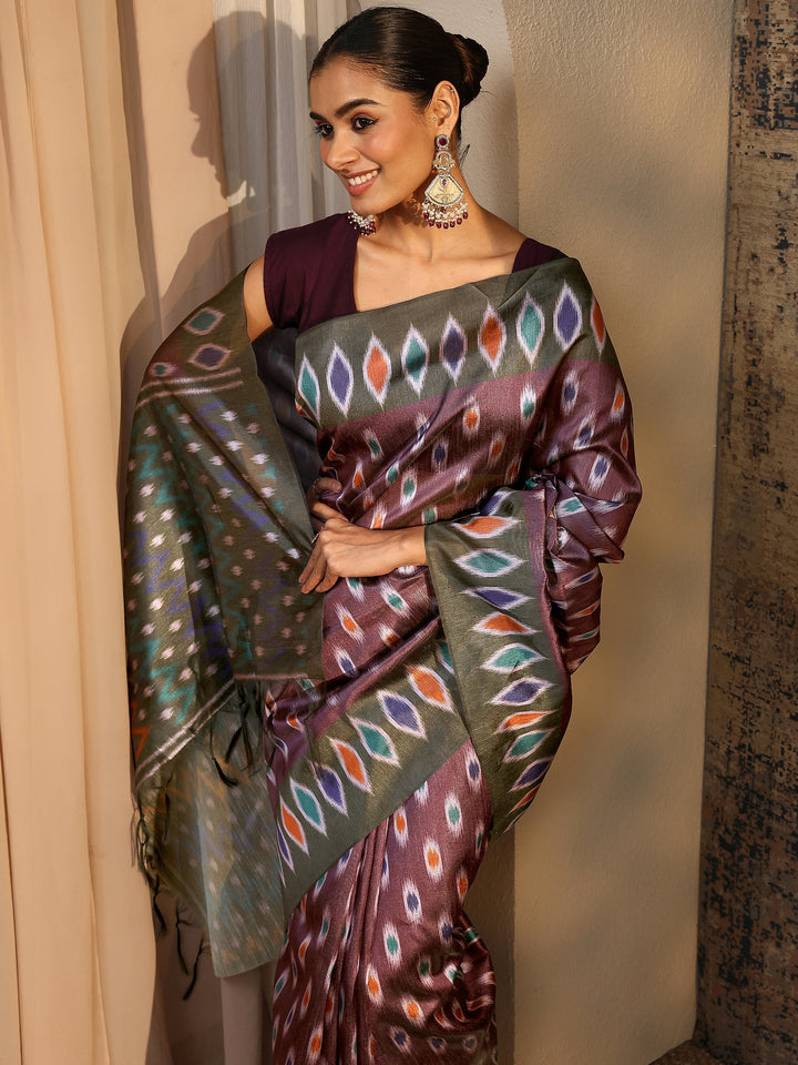 Burgundy Ikat Printed Silk Saree With Unstitched Blouse Piece