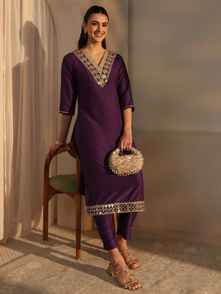 Burgundy Mirror Work Yoke Design Silk Blend Straight Kurta Set