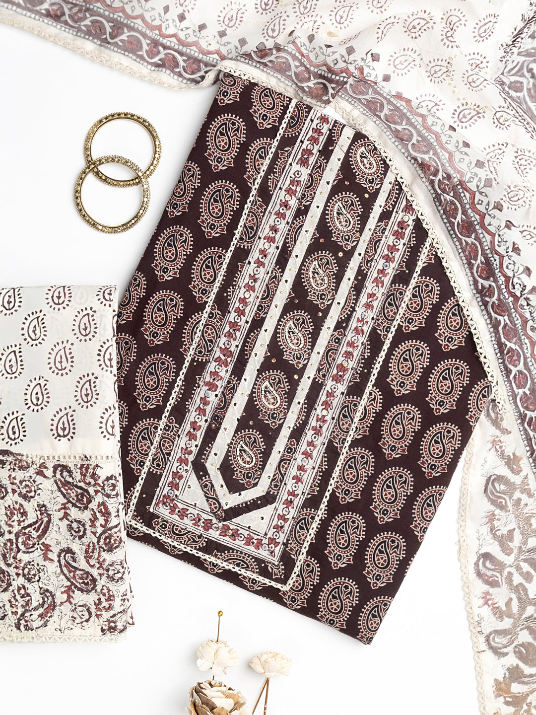 Burgundy Paisley Printed Cotton Dress Material With Dupatta