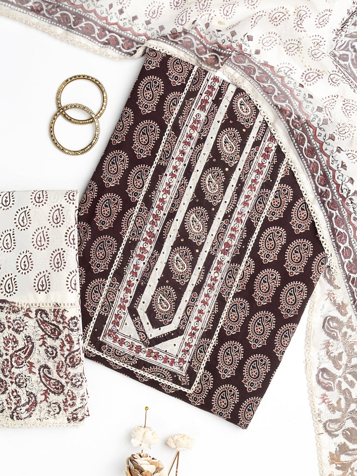 Burgundy Paisley Printed Cotton Dress Material With Dupatta