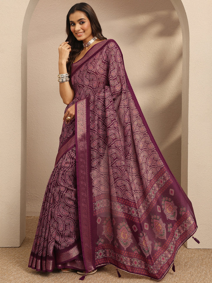 Burgundy Paisley Printed Silk Blend Saree With Unstitched Blouse Piece