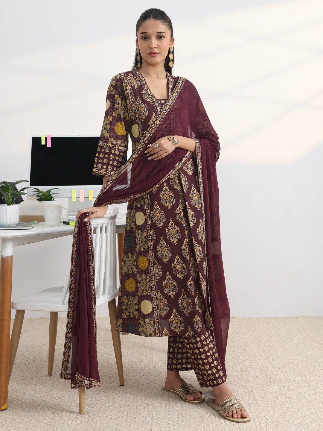 Burgundy Printed Cotton Blend A-Line Suit Set With Dupatta
