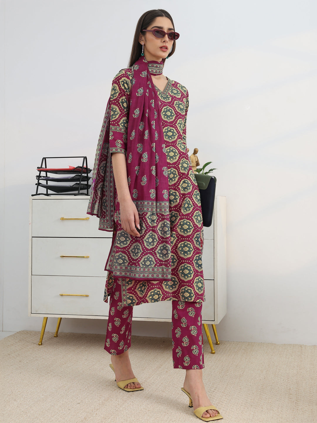Burgundy Printed Cotton Blend Straight Suit Set With Dupatta