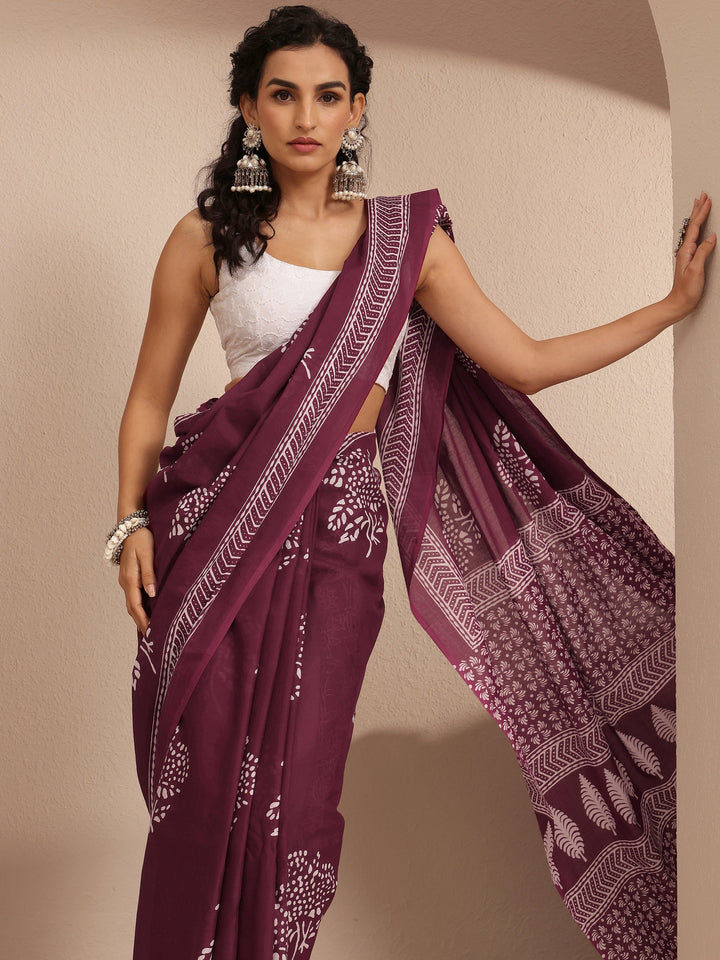 Burgundy Printed Cotton Saree With Unstitched Blouse Piece