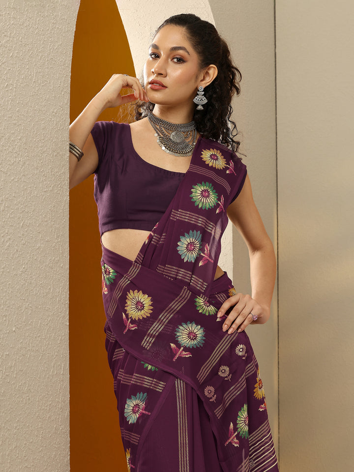 Burgundy Printed Georgette Saree With Unstitched Blouse Piece