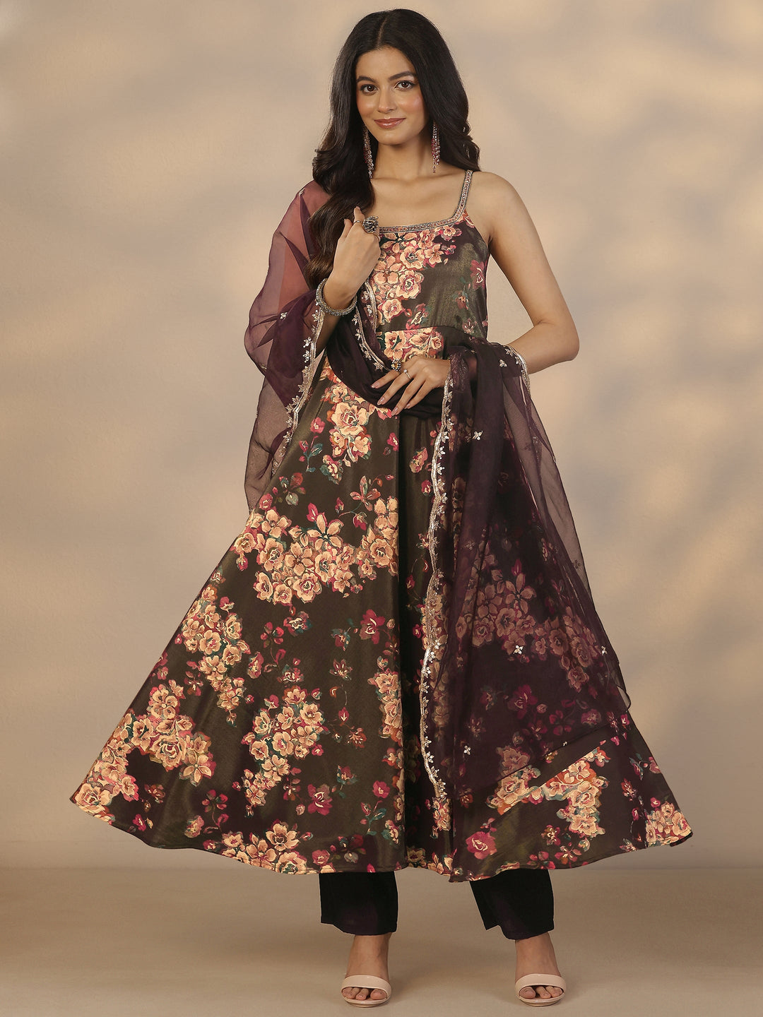Buy Libas Burgundy Printed Silk Blend Anarkali Suit Set With Dupatta Online in United Kingdom at $78.00