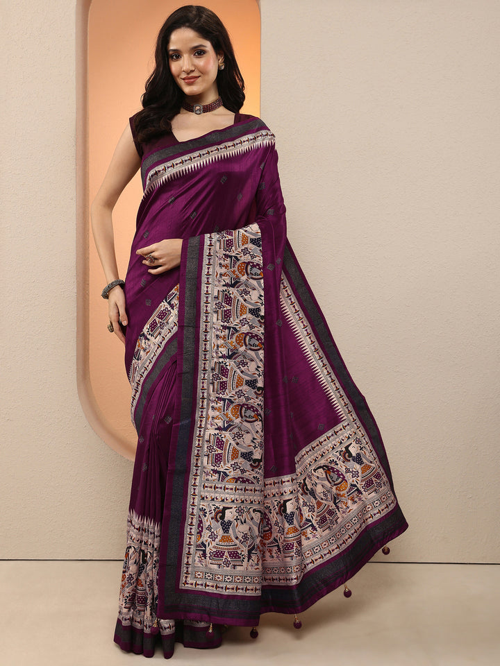 Burgundy Printed Silk Blend Saree With Unstitched Blouse Piece
