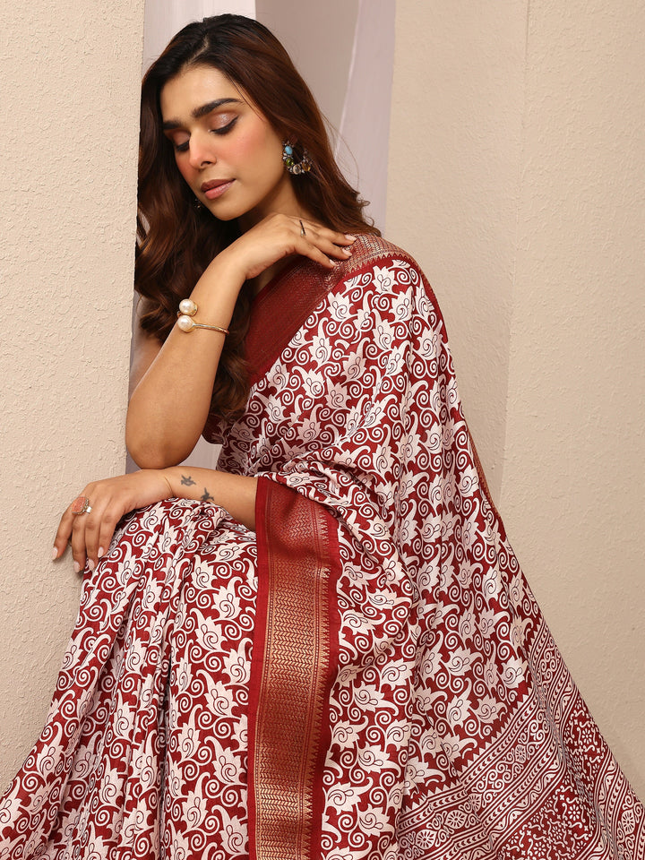 Burgundy Printed Silk Blend Saree With Unstitched Blouse Piece