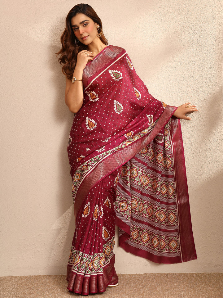 Burgundy Printed Silk Blend Saree With Unstitched Blouse Piece