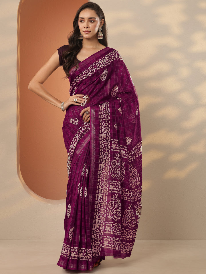 Burgundy Printed Silk Blend Saree With Unstitched Blouse Piece