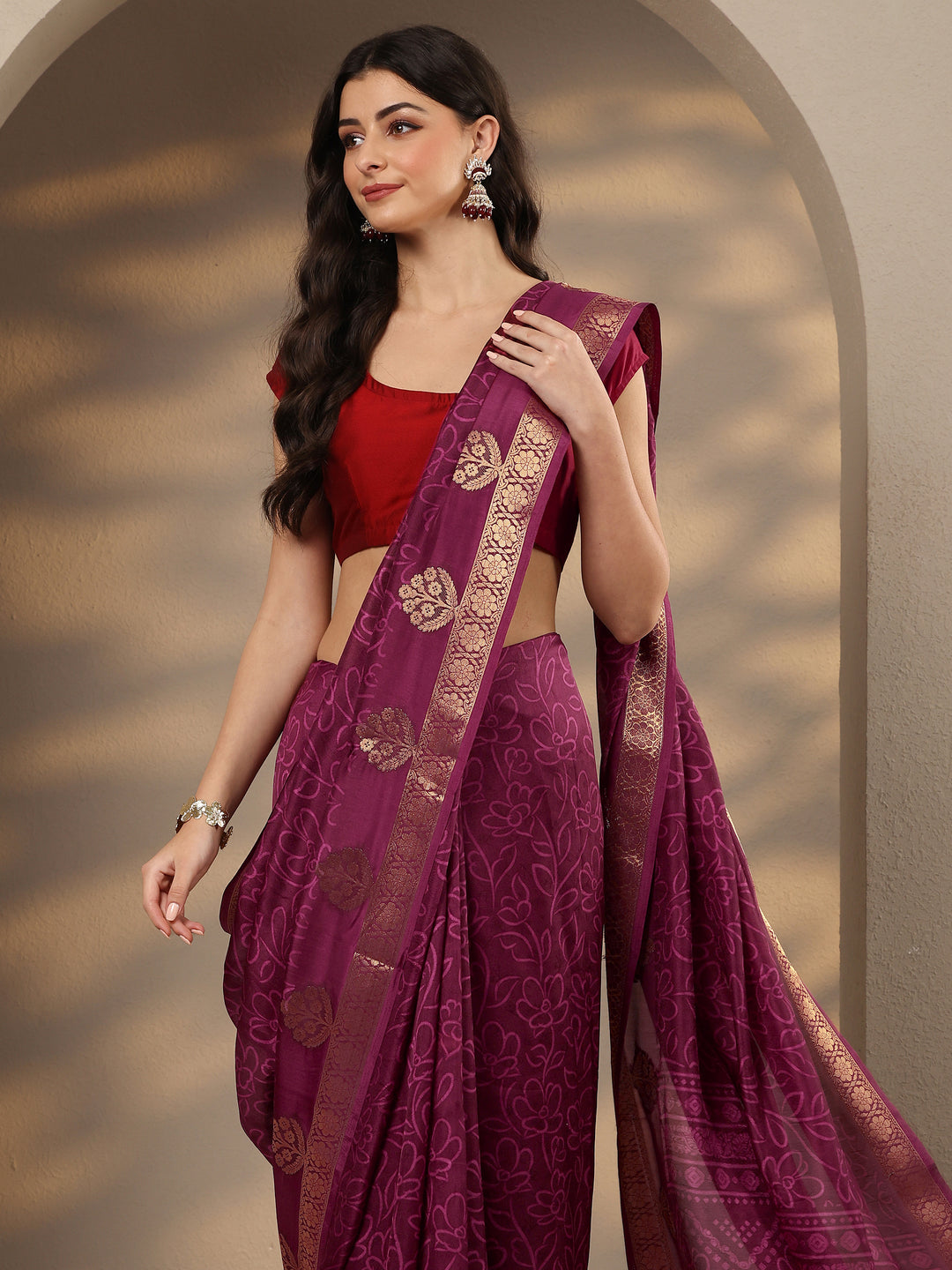Burgundy Printed Silk Blend Saree With Unstitched Blouse Piece