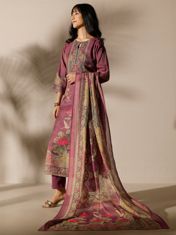 Burgundy Printed Silk Blend Straight Suit Set With Dupatta