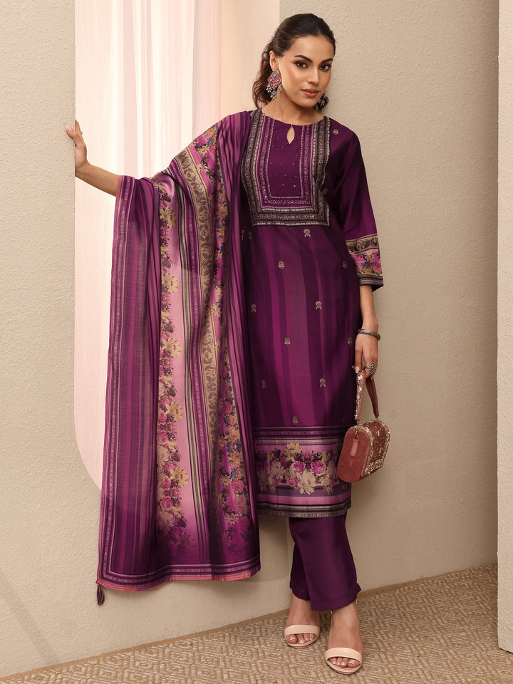 Burgundy Printed Silk Blend Straight Suit Set With Dupatta