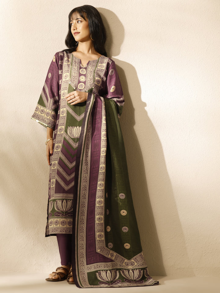 Burgundy Printed Silk Blend Straight Suit Set With Dupatta