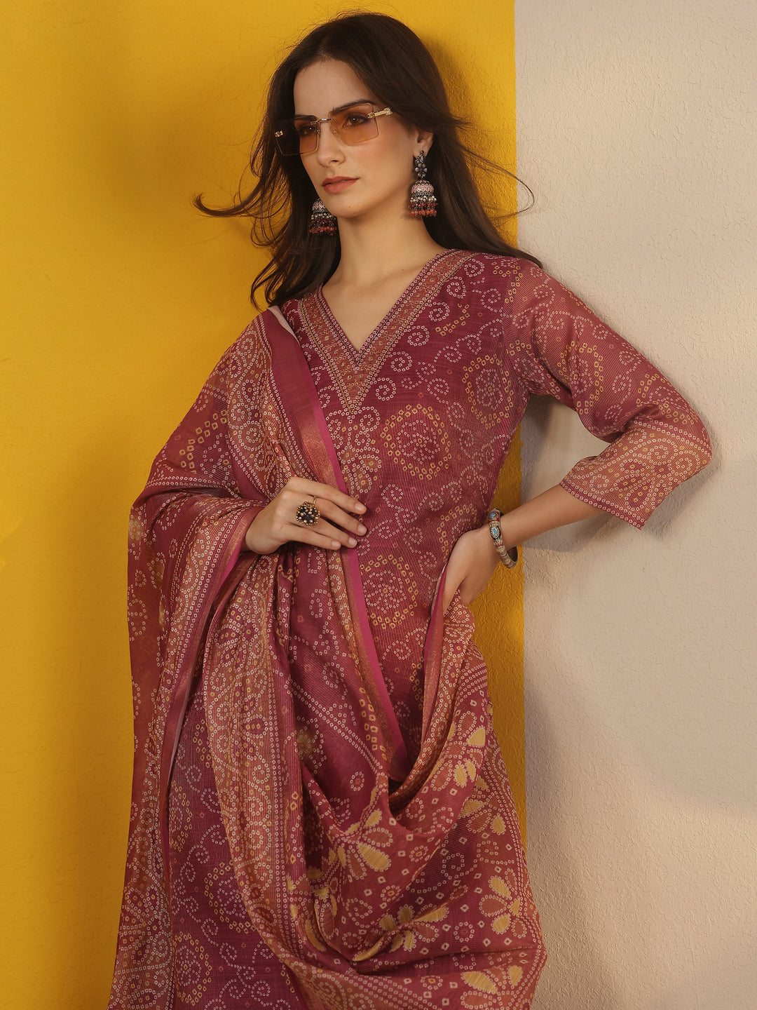 Burgundy Printed Silk Blend Straight Suit Set With Dupatta