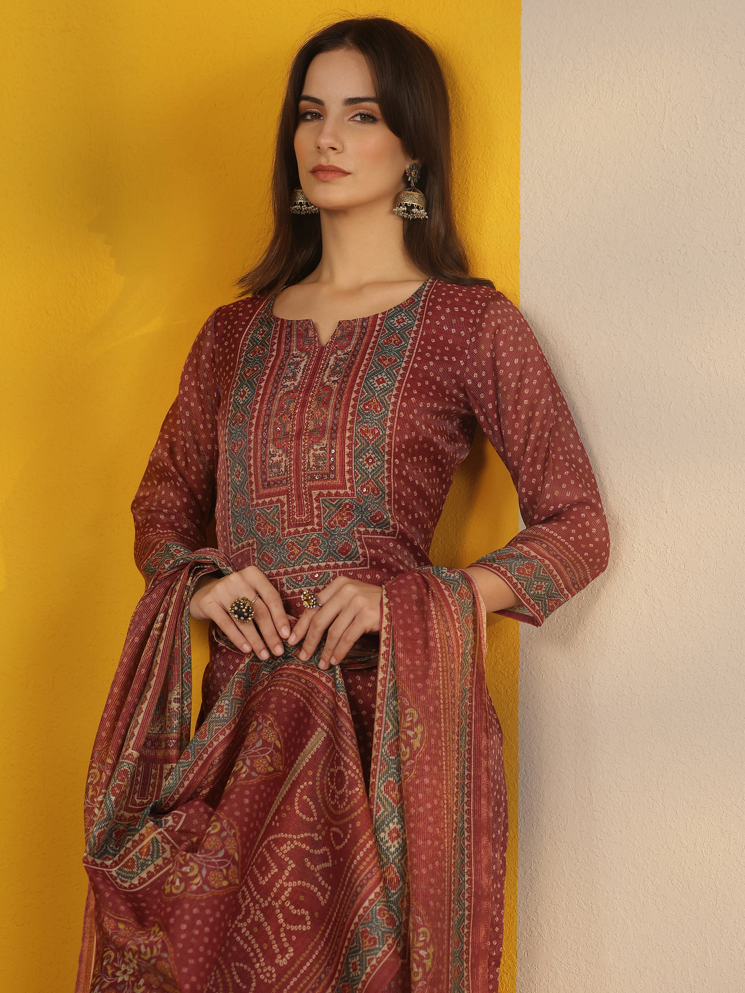 Burgundy Printed Silk Blend Straight Suit Set With Dupatta