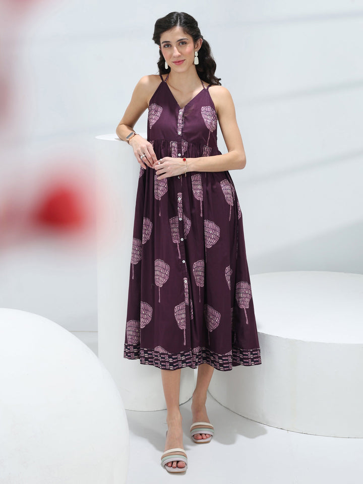 Burgundy Quirky Printed Cotton A-Line One-Piece Dress