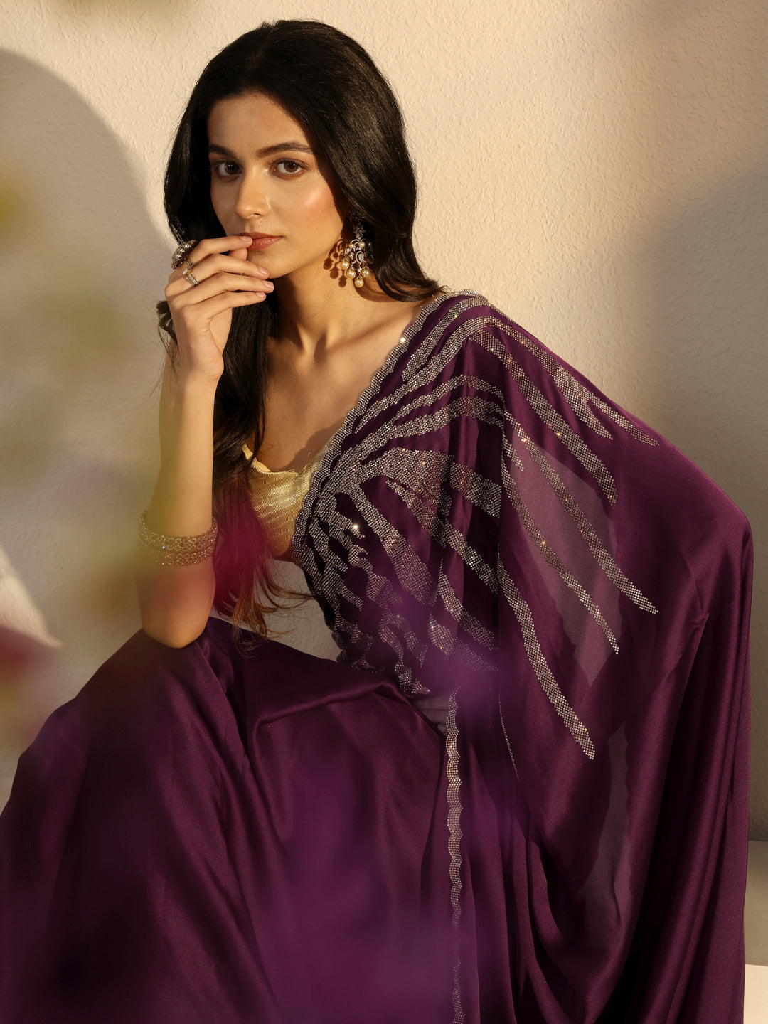 Libas Burgundy Silk Blend Saree With Unstiched Blouse Piece