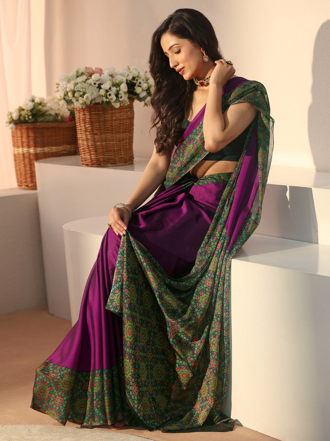 Libas Burgundy Chiffon Saree with Printed Border