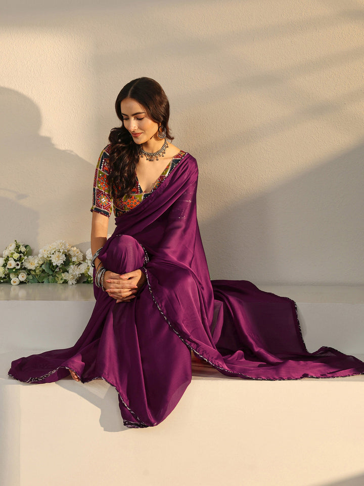 Libas Burgundy Solid Chiffon Saree With Unstitched Blouse Piece