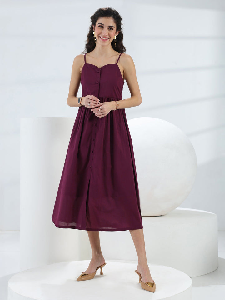 Burgundy Solid Cotton A-Line One-Piece Dress